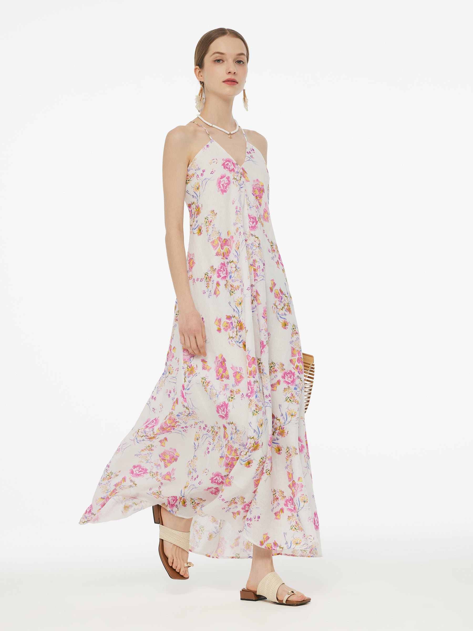 Valmere™ | 100% Linen Rose Print Maxi Dress