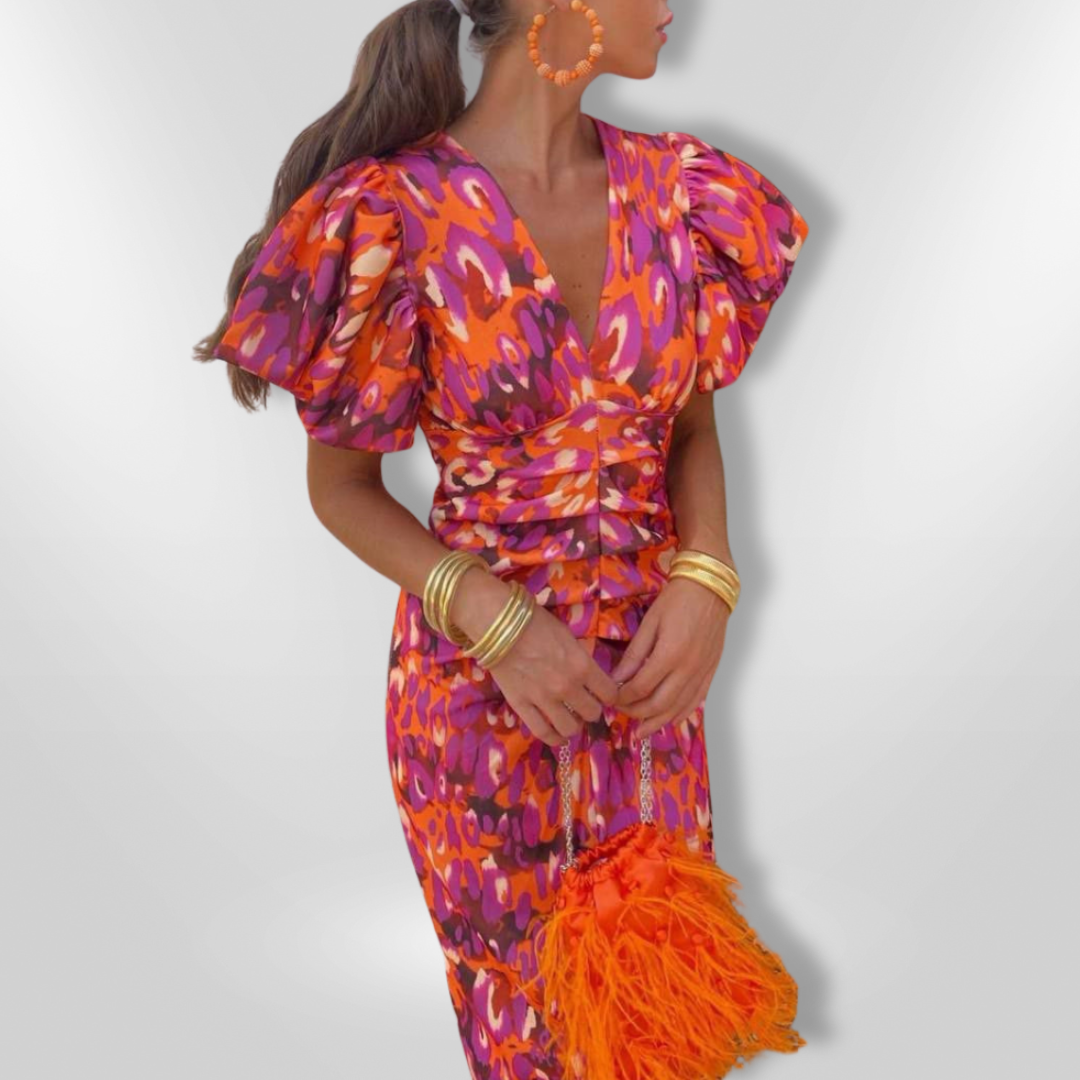 Valmere™ | Arielle Colourful Dress With Pleated Sleeves