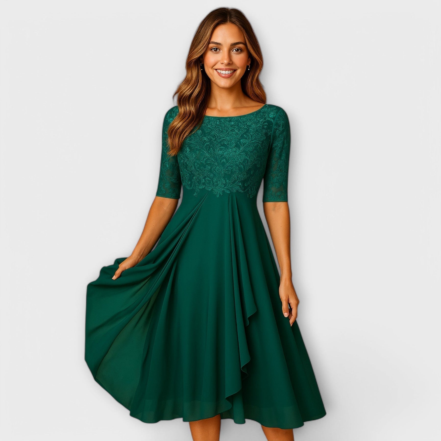 Valmere™ | Martha Midi Dress With Lace Sleeve