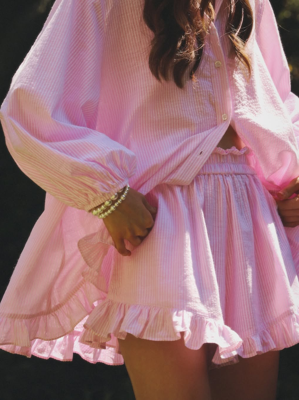 Striped Lapel Bubble Sleeve Ruffle Shorts Set