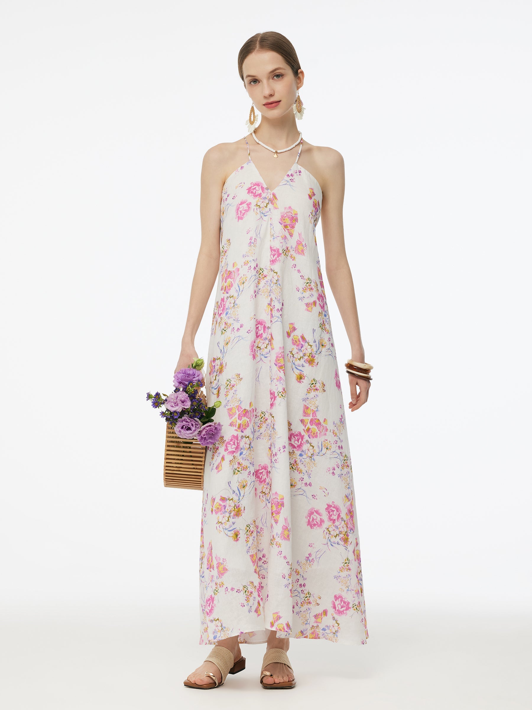 Valmere™ | 100% Linen Rose Print Maxi Dress